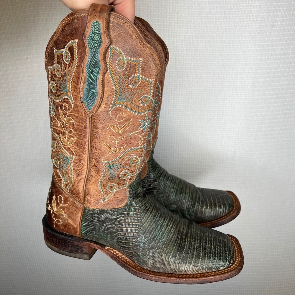 Tony Lama Brown Teal Lizard Skin Floral Embroidered Square Toe Western Boots 6.5